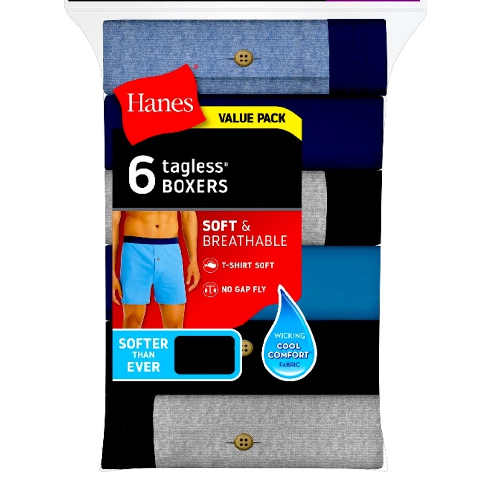 NWT Hanes ComfortSoft Men's Boxers Pack, Moisture-Wicking Cotton Jersey, 6-Pack